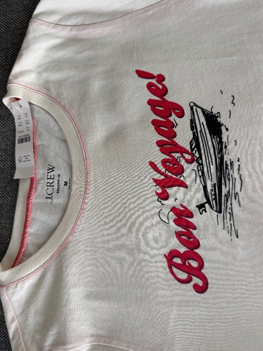 NWT, JCREW, DARLING BON VOYAGE TSHIRT WITH RED STITCHING DETAILS